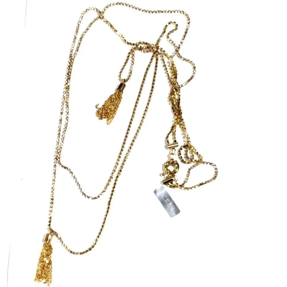 J.Crew Multi Strand Gold Necklace – Tassels & Crystal Accents Statement Jewelry